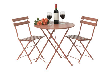 Bistro table with chairs wine and roses isolated on a transparent background