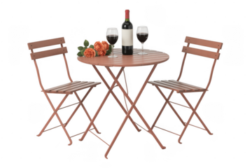 Bistro table with chairs wine and roses isolated on a transparent background