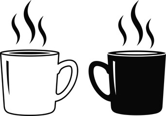 Hot steaming coffee mugs graphic icon set, simple black and white vector outline illustration, perfect for beverage, cafe, and morning concepts.