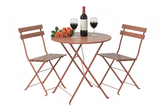 Bistro table with chairs wine and roses isolated on a transparent background