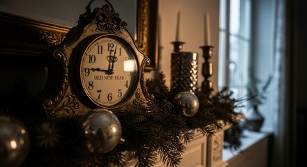 A vintage clock shows near midnight flanked by ornaments and candles atop a mantle against a window background