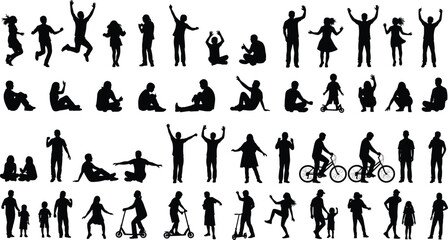 Large collection of diverse people silhouettes vector set, showing men, women, and children in various activities, riding, jumping, and sitting.