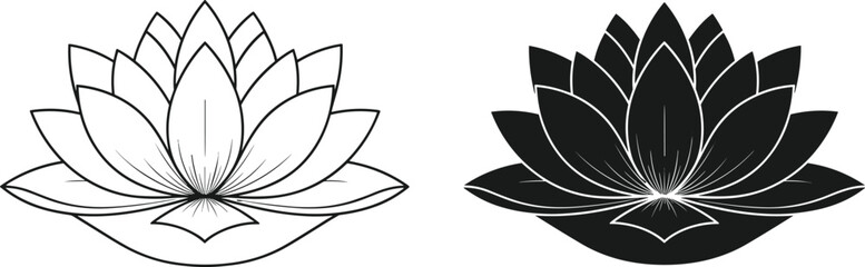 Lotus flower icon in black and white silhouette and outline style, spiritual symbol of yoga, meditation, peace, and purity vector