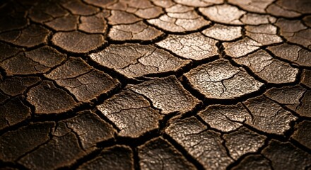 Detailed close-up of deeply cracked dry brown soil texture under dramatic lighting representing drought climate change environmental crisis and arid conditions.