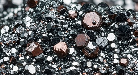 Extreme close-up of a complex geological structure featuring numerous dark metallic crystals and reddish-brown faceted minerals. A detailed macro view highlighting the texture and luster of raw ore