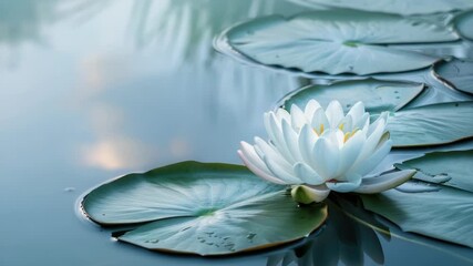 Serene white lotus blossom floating on calm water with green lily pads