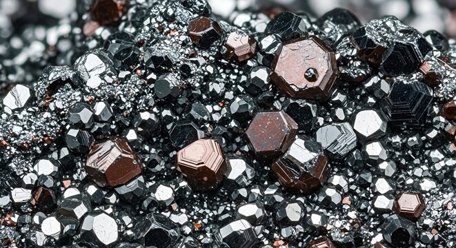 Extreme close-up of a complex geological structure featuring numerous dark metallic crystals and reddish-brown faceted minerals. A detailed macro view highlighting the texture and luster of raw ore