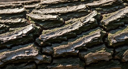 Detailed macro view of rough tree bark texture featuring deep fissures and cracks. Natural background showing rugged weathered surface with hints of green moss in the crevices.