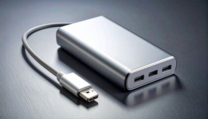 A portable power bank and cable arranged symmetrically on a sleek minimal surface. The lighting highlights elegant metallic edges.