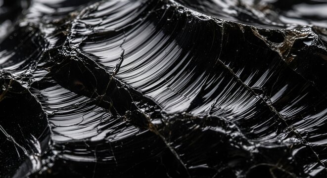 Extreme closeup of black obsidian volcanic glass showing detailed texture and conchoidal fracture patterns. The dark reflective surface emphasizes the natural raw material and its sharp edges. 