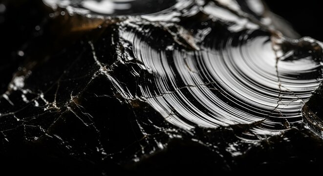 Extreme macro close-up of shiny black obsidian stone showing detailed conchoidal fracture patterns and glassy texture. The dark volcanic rock reflects light creating striking abstract lines