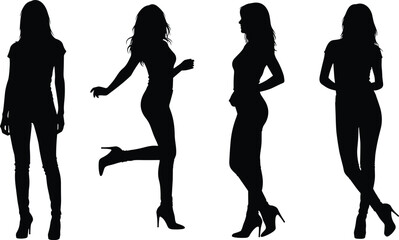 Set of Four Black Female Silhouettes, Standing Posing Models Wearing High Heels, Elegant Fashion, Isolated on White Background, Beautiful Young Women Vector Illustration