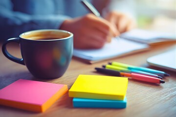 Person writing in notebook with coffee and sticky notes on desk