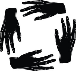 Set of four detailed human hand silhouettes vector illustration, showing different gestures, movement, and graphic communication elements.