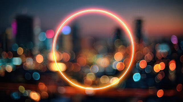 Glowing neon circle over blurred cityscape at dusk