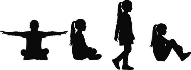 Set of four young girl black silhouettes vector, showing different poses like sitting, walking, and stretching, representing childhood and activity.
