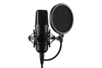 Black condenser microphone with pop filter isolated on a transparent background