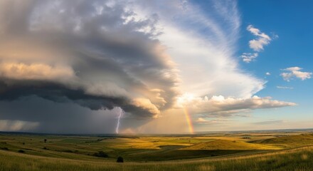 Dramatic Prairie Storm - Towering Cumulonimbus Cloudscape over Golden Fields, with Rain Shafts and Blue Sky.