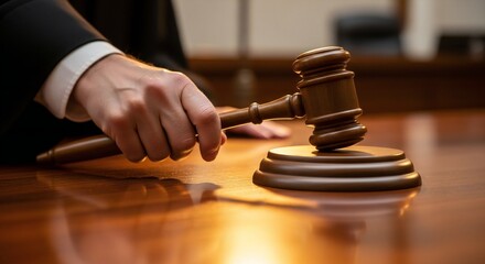 A judge's hand holds a wooden gavel over a courtroom table ready to make a ruling