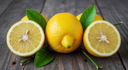 Fresh ripe lemons with leaves on a rustic wooden tabletop
