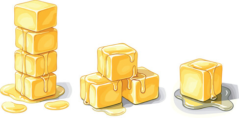 Set of glossy caramel cubes stacked and melting, sweet dessert confectionery vector illustration perfect for candy, bakery, sauce, and food design concepts.