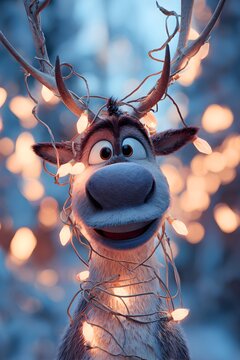 Sven the reindeer from frozen decorated with sparkling christmas lights in a winter forest