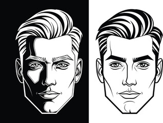 Stylish handsome man's face vector illustration in black and white graphic contrast with cool modern hairstyle for barber shop logo