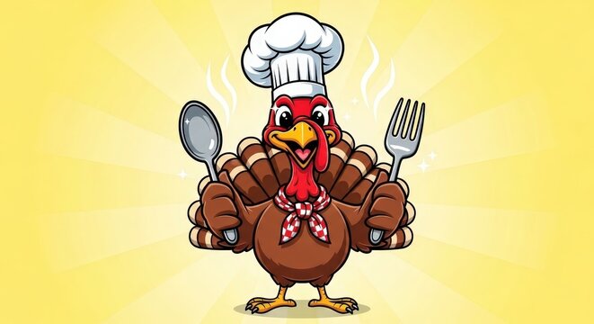 Thanksgiving Paradox - A Culinary Turkey Chef Mascot Holding a Fork and Spoon.