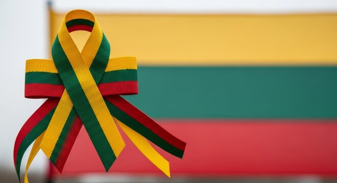 Lithuania ribbon pinned to the national flag tricolor