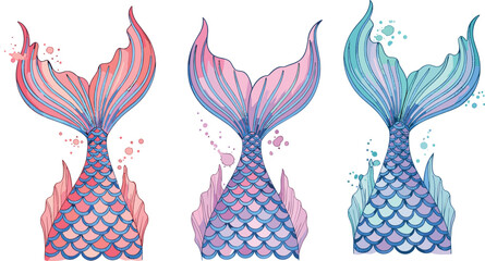 Watercolor mermaid tails set illustration with vibrant pink, purple, and teal fish scales, isolated on a white background, fantasy kids design element for parties and summer themes.