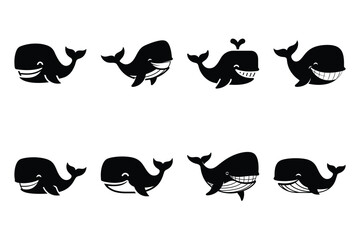 grinning whale silhouette icon set on the white background