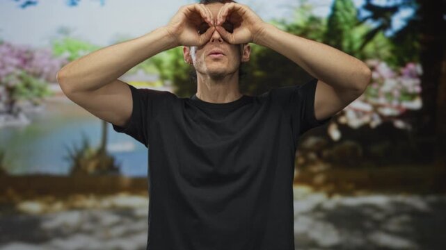 Young hispanic man forms binoculars with hands in park by a pond among green trees and pink blossoms, looking upward; curiosity discovery.