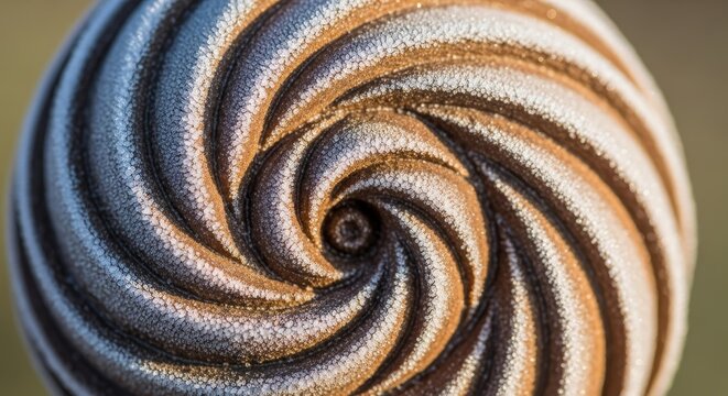 Swirling brown  black sphere covered in granular white specks forms vortex Soft light highlights texture