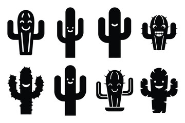 happy cactus silhouette icon set on the white background