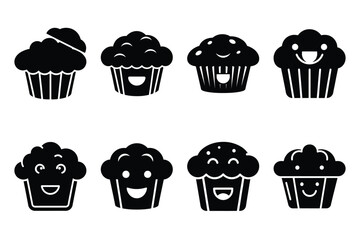happy muffin silhouette icon set on the white background