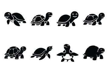 happy turtle silhouette icon set on the white background