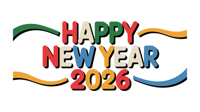 Festive Greetings: Happy New Year 2026! A vibrant and colorful typography display of the words Happy New Year 2026, set against a clean background, ready to ring in the new year.