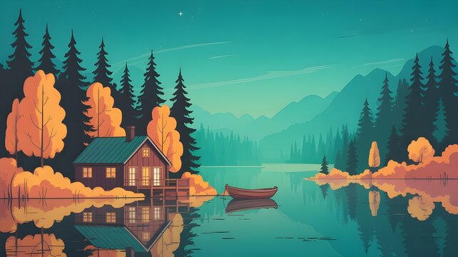 Mountain lake landscape with forest and sky reflections