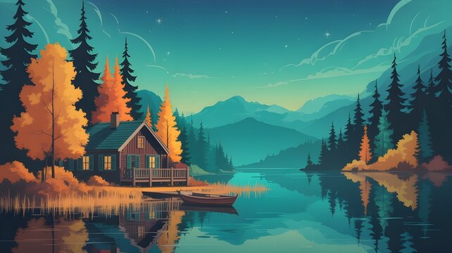 Mountain lake landscape with forest and mountains