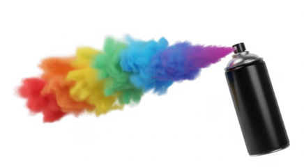 Black spray can emitting rainbow smoke isolated on a transparent background