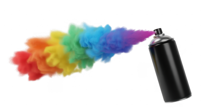 Black spray can emitting rainbow smoke isolated on a transparent background