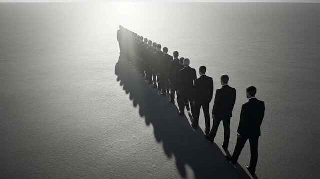 Conceptual depiction of business people forming a line representing teamwork toward a common goal