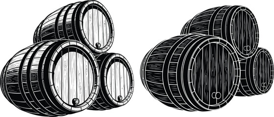 Group of stacked wooden barrels in vintage line art and solid silhouette styles for beverage storage