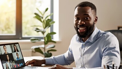 African American Man Attending Online Video Call Meeting at Desk, Remote Work