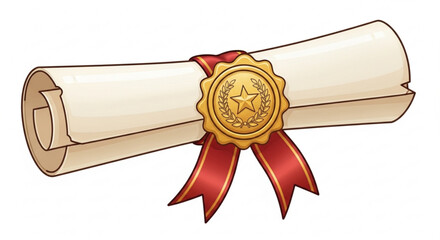 Elegant certificate scroll tied with a red ribbon and gold seal for academic achievement and professional recognition, a symbol of success and completion