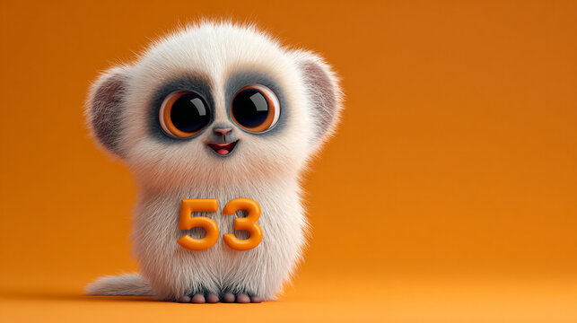 Cute animal with big eyes and fluffy fur, displaying number 53 against orange background, radiating joy