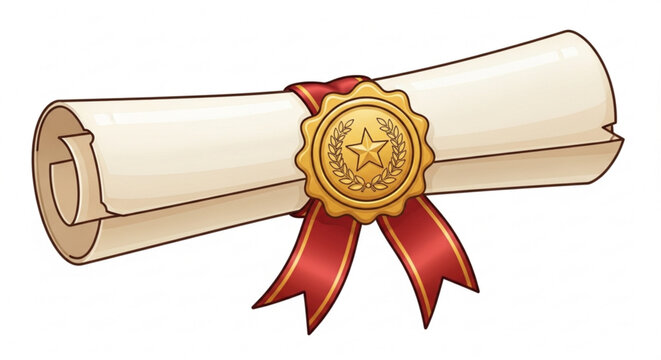 Elegant certificate scroll tied with a red ribbon and gold seal for academic achievement and professional recognition, a symbol of success and completion - Powered by Adobe