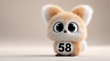 Cute animal with fluffy fur and large eyes, displaying number 58, evokes sense of joy and playfulness