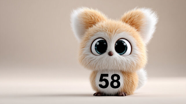 Cute animal with fluffy fur and large eyes, displaying number 58, evokes sense of joy and playfulness