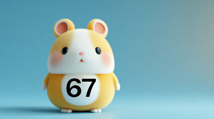 Cute animal character with bright yellow and white color scheme, featuring large number 67 its body, exuding cheerful